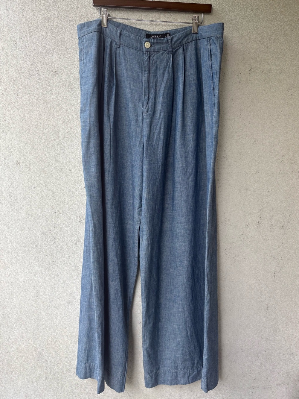Lauren Ralph Lauren Chambray Pleated Wide Leg Pants 16 High Rise Cotton